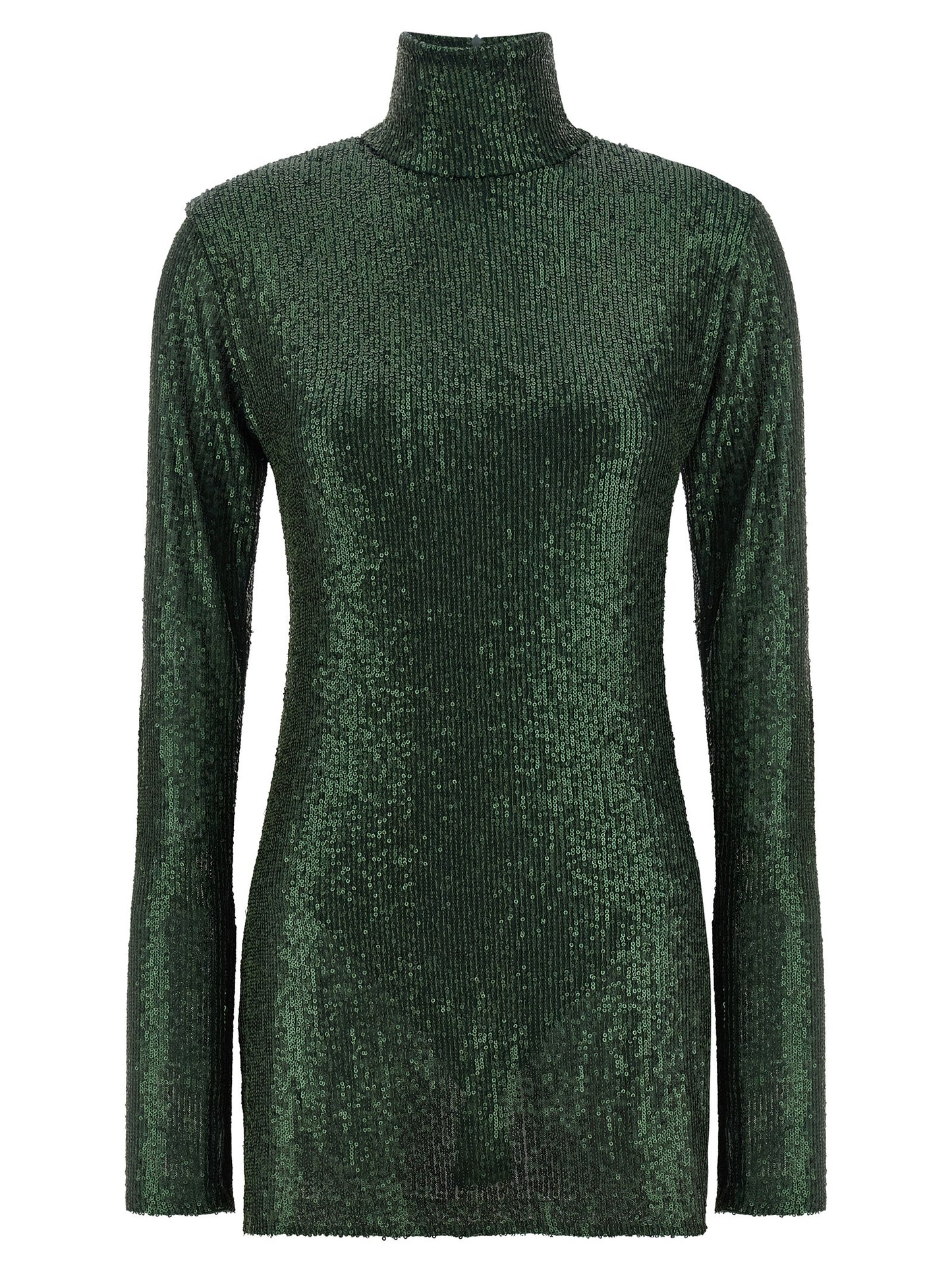 Dress by Norma Kamali for women in polyester & sequins bicolour & green features an sultry silhouette defined by a high-neck neckline and long-sleeve, falling to an sultry short for a sultry look.
