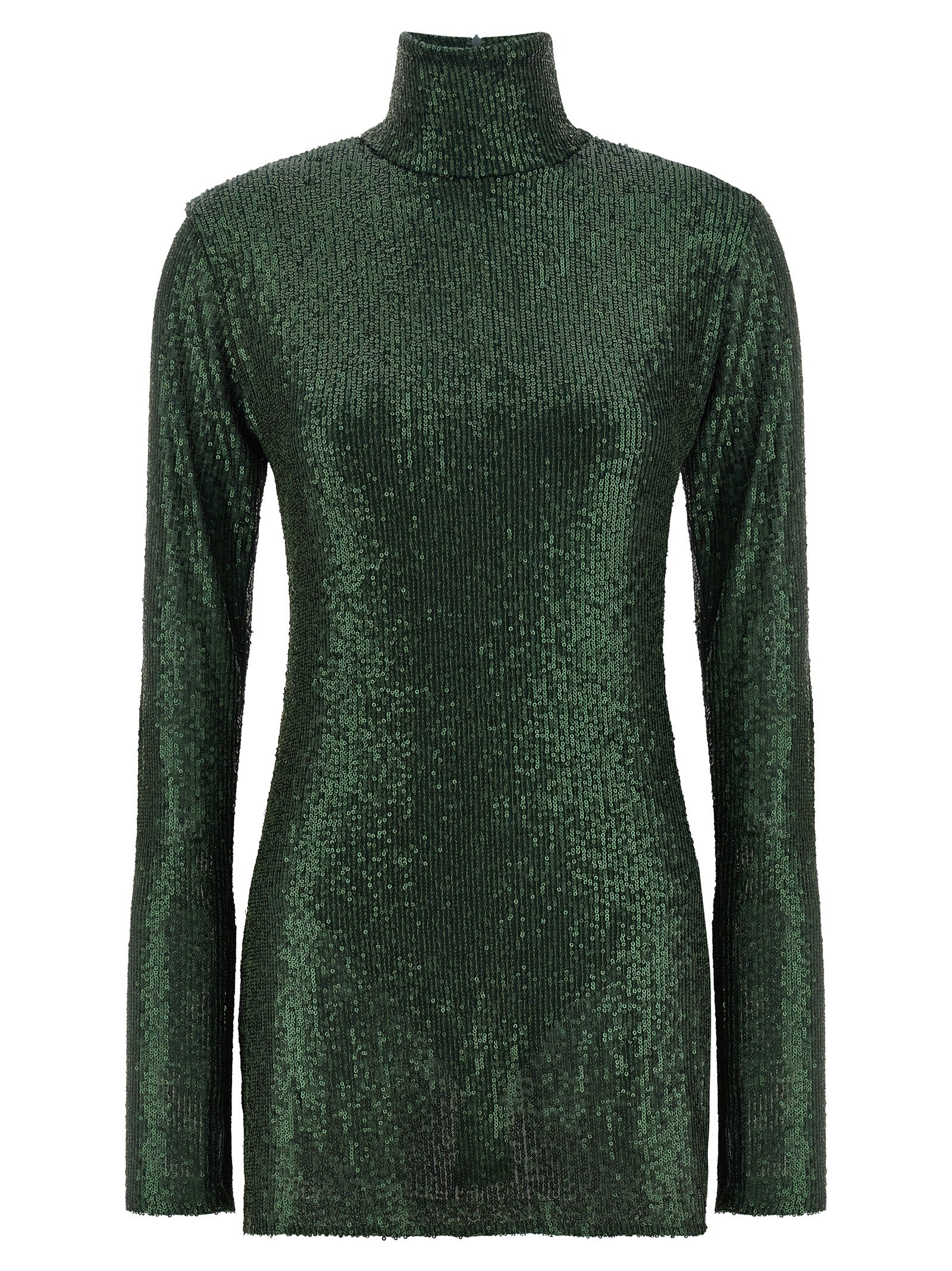 Dress by Norma Kamali for women in polyester & sequins bicolour & green features an sultry silhouette defined by a high-neck neckline and long-sleeve, falling to an sultry short for a sultry look.