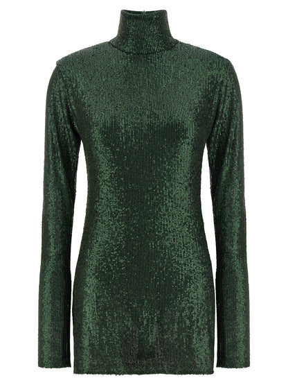 Dress by Norma Kamali for women in polyester & sequins bicolour & green features an sultry silhouette defined by a high-neck neckline and long-sleeve, falling to an sultry short for a sultry look.