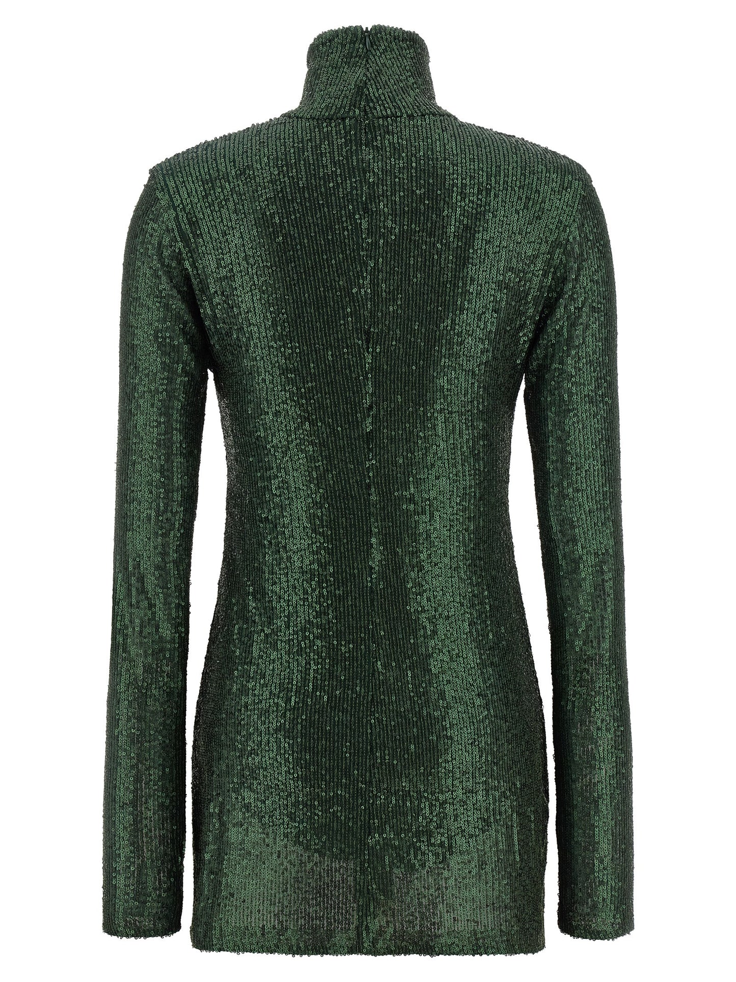 Dress by Norma Kamali for women in polyester & sequins bicolour & green features an eye catching silhouette with a sophisticated high-neck neckline, elegant , and a refined short for a eye catching aesthetic.
