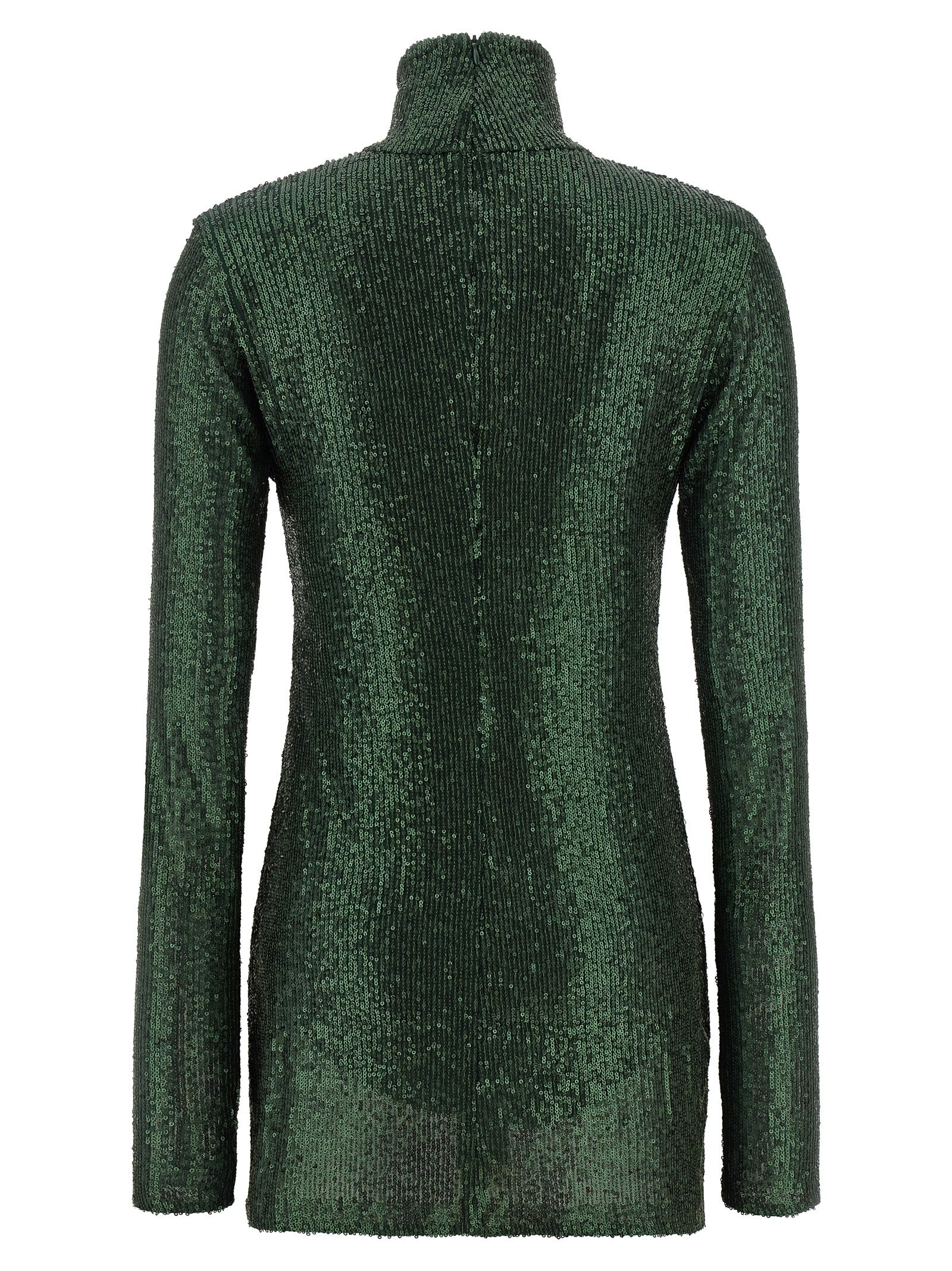 Dress by Norma Kamali for women in polyester & sequins bicolour & green features an eye catching silhouette with a sophisticated high-neck neckline, elegant , and a refined short for a eye catching aesthetic.