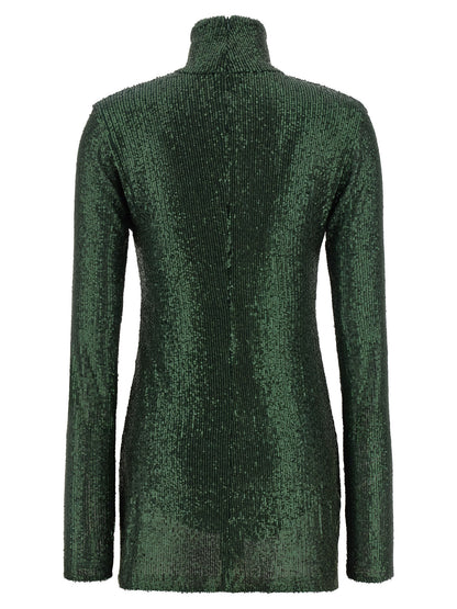 Dress by Norma Kamali for women in polyester & sequins bicolour & green features an eye catching silhouette with a sophisticated high-neck neckline, elegant , and a refined short for a eye catching aesthetic.