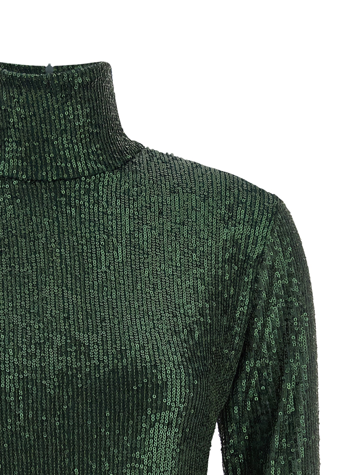 Dress by Norma Kamali for women in polyester & sequins bicolour & green showcases a striking silhouette, elegantly detailed with a , refined high-neck neckline, and a striking short for a striking finish.