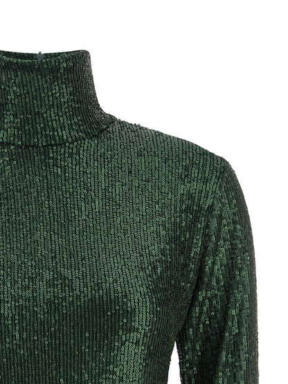 Dress by Norma Kamali for women in polyester & sequins bicolour & green showcases a striking silhouette, elegantly detailed with a , refined high-neck neckline, and a striking short for a striking finish.