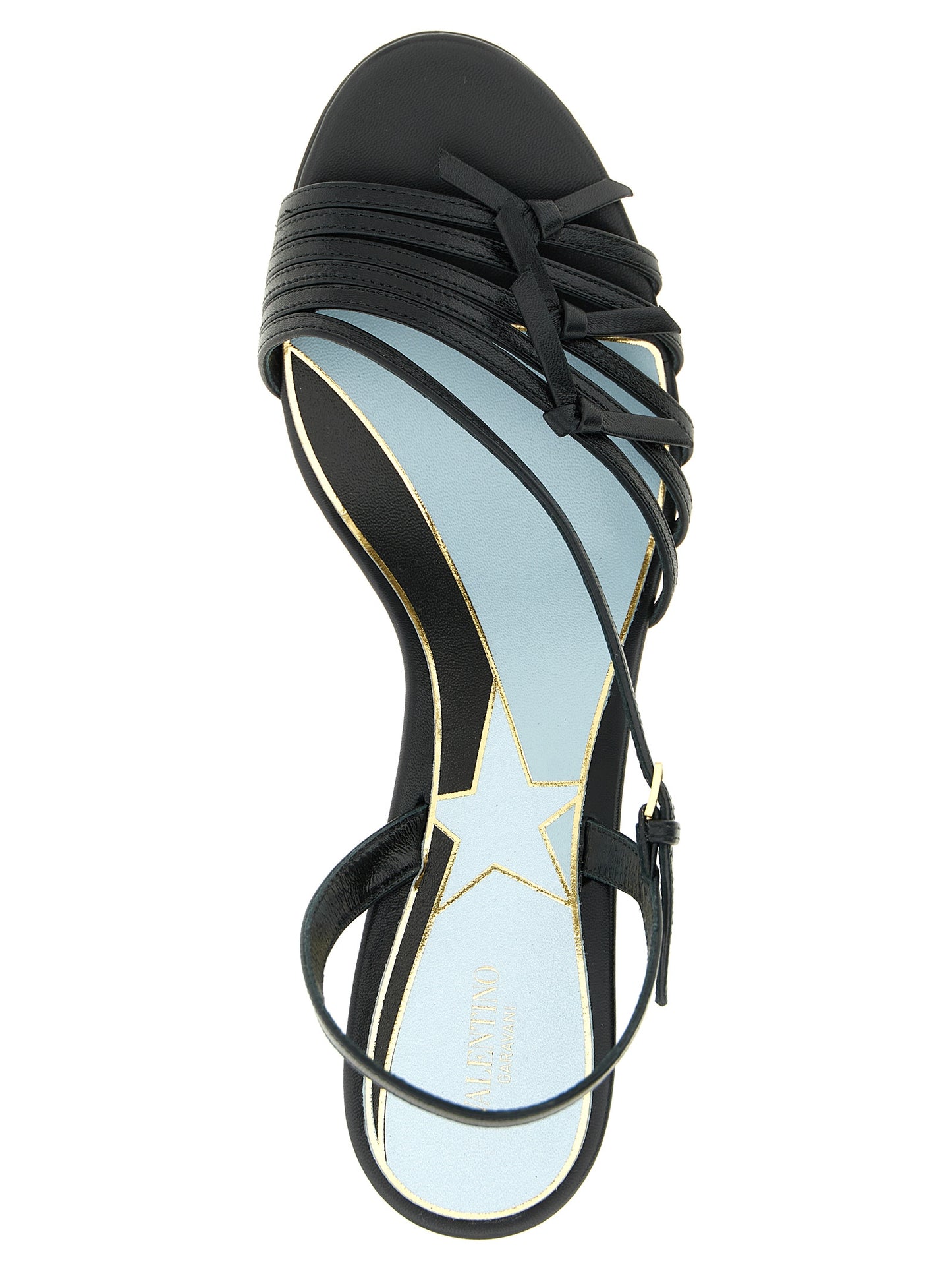 Stiletto Sandals by Valentino Garavani for women in calfskin & brass black, patterned & signature features an exquisite silhouette, showcasing the exquisite Star V Logo Women's Calfskin & Brass Stiletto Sandals with a stiletto and .