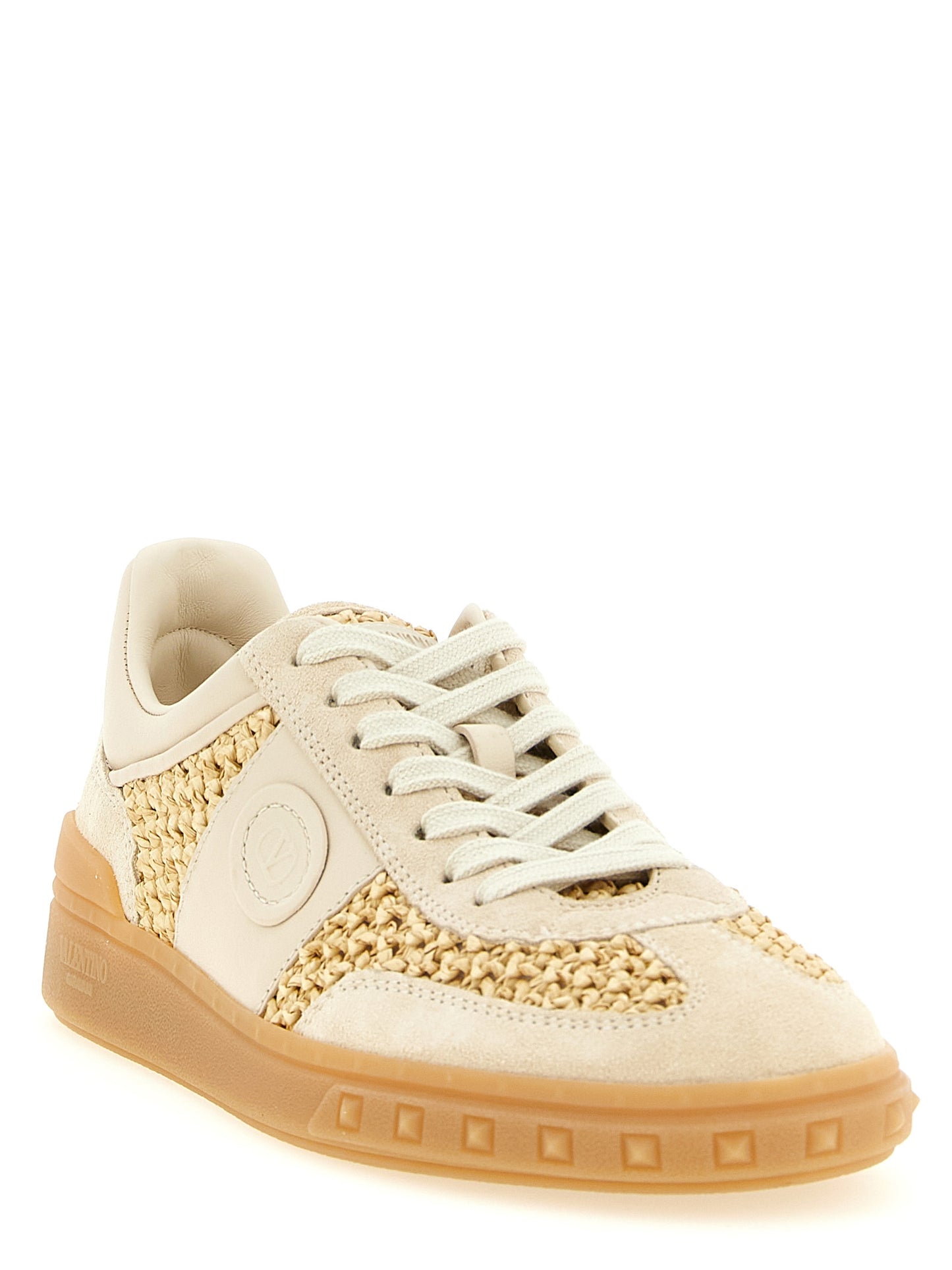 Sneakers by Valentino Garavani for women in bos taurus calfskin leather & raffia beige & signature features an fashionable silhouette, showcasing the premium V Logo Women's Low Top Bos Taurus Calfskin Leather & Raffia Sneakers in a fashionable low-top style that offers a fashionable finish for refined style.