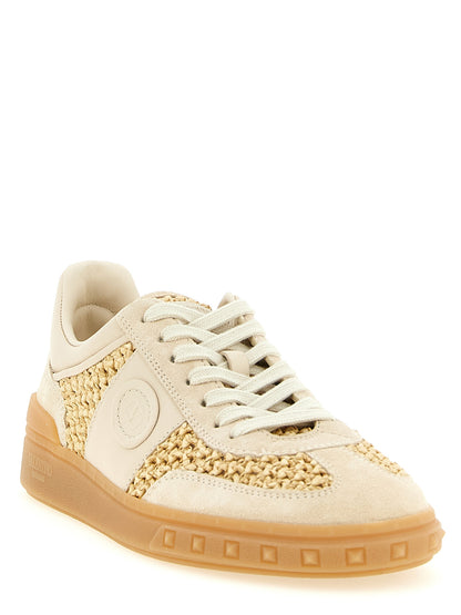 Sneakers by Valentino Garavani for women in bos taurus calfskin leather & raffia beige & signature features an fashionable silhouette, showcasing the premium V Logo Women's Low Top Bos Taurus Calfskin Leather & Raffia Sneakers in a fashionable low-top style that offers a fashionable finish for refined style.