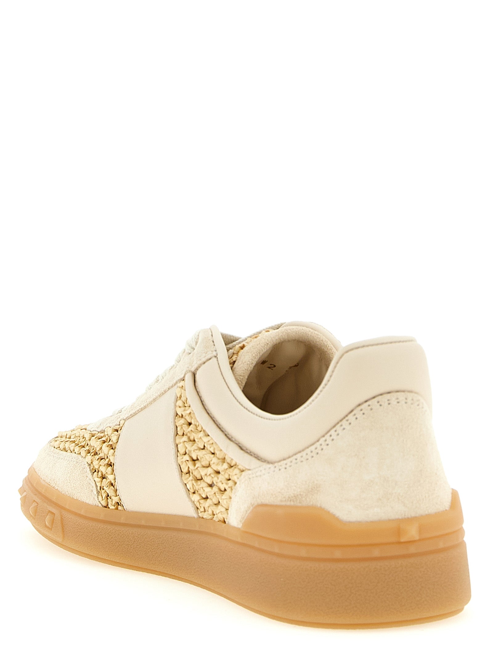 Sneakers by Valentino Garavani for women in bos taurus calfskin leather & raffia beige & signature presents a sumptuous silhouette, artfully capturing the essence of the V Logo Women's Low Top Bos Taurus Calfskin Leather & Raffia Sneakers with its sumptuous low-top style design.