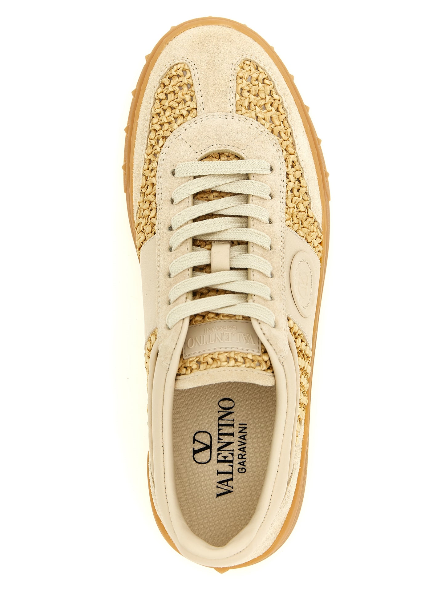 Sneakers by Valentino Garavani for women in bos taurus calfskin leather & raffia beige & signature features an fashionable silhouette, showcasing the premium V Logo Women's Low Top Bos Taurus Calfskin Leather & Raffia Sneakers in a fashionable low-top style that offers a fashionable finish for refined style.