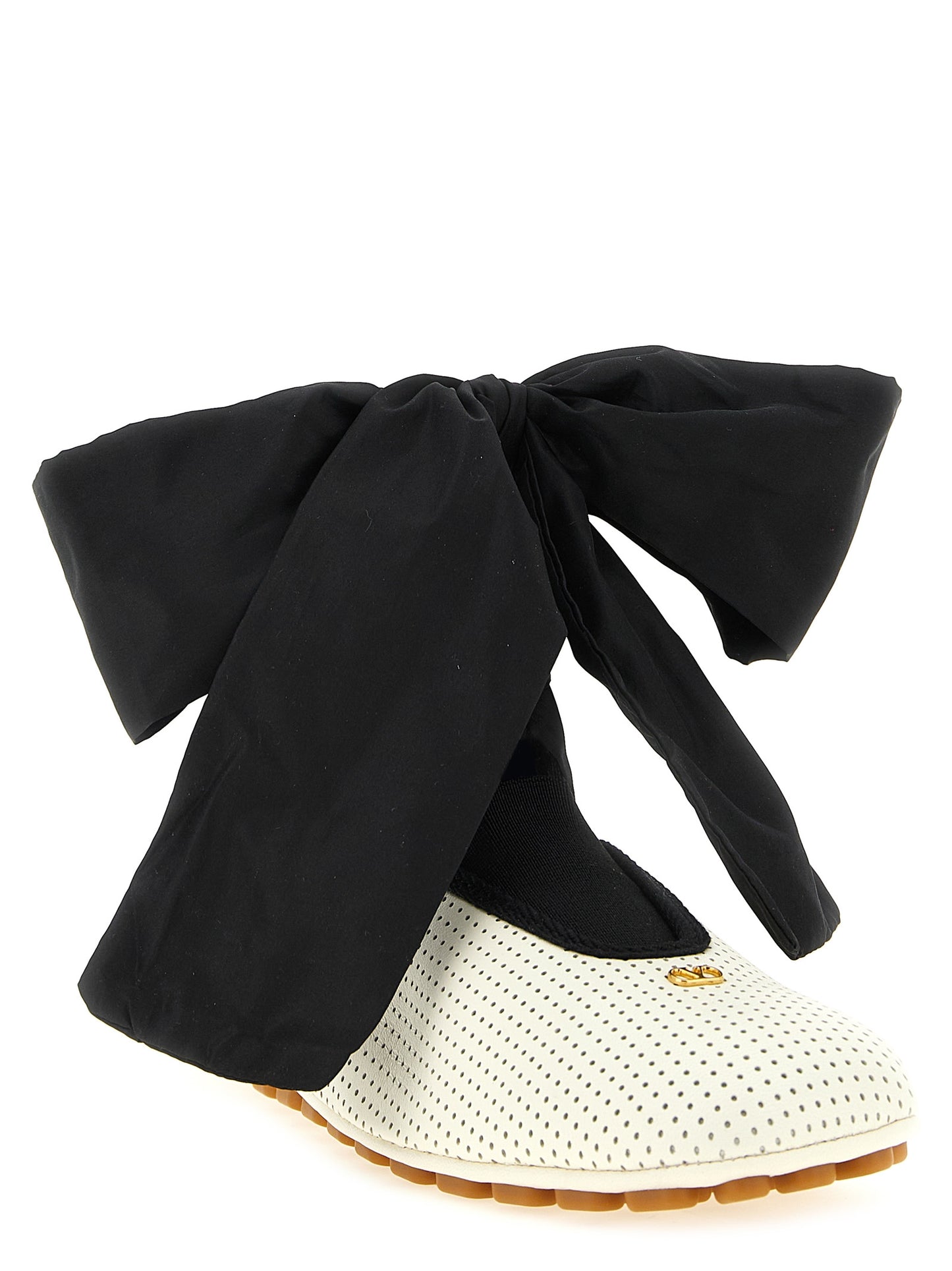 Ballet Flat Shoes by Valentino Garavani for women in lamb leather bicolour, black, white & signature showcases a resplendent Ribbon V Logo Women's Lamb Leather Ballet Flat Shoes aesthetic with a and square toe style.