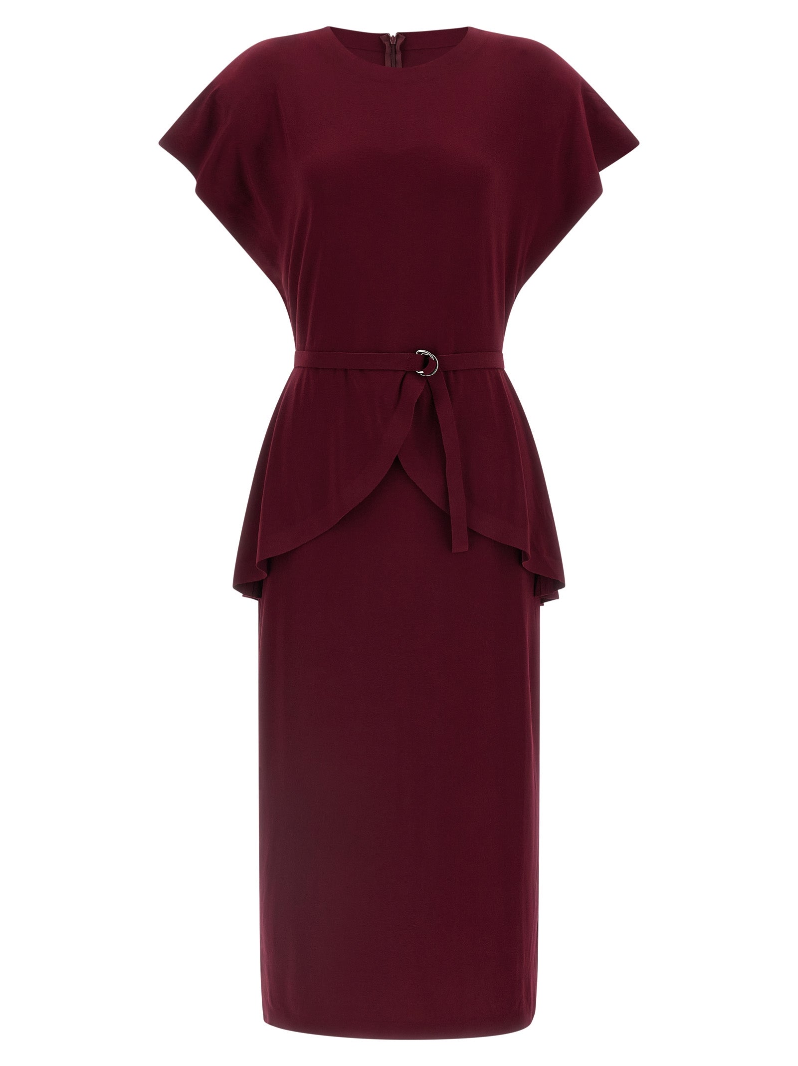 Dress by Norma Kamali for women in stretch polyester bordeaux presents a sinuous silhouette, showcasing a sophisticated crew neckline and short-sleeve detailed with a sinuous midi short for a refined finish.