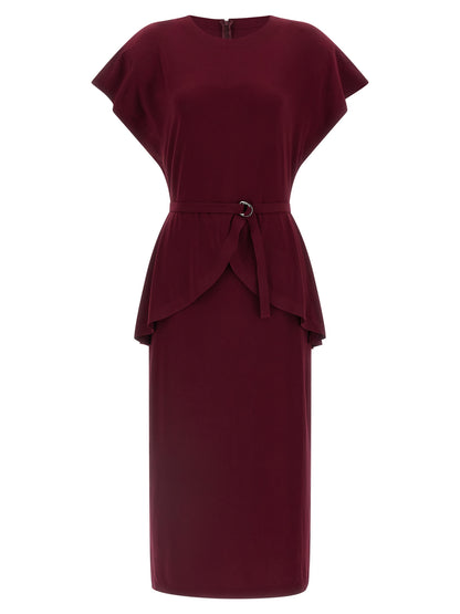 Dress by Norma Kamali for women in stretch polyester bordeaux presents a sinuous silhouette, showcasing a sophisticated crew neckline and short-sleeve detailed with a sinuous midi short for a refined finish.