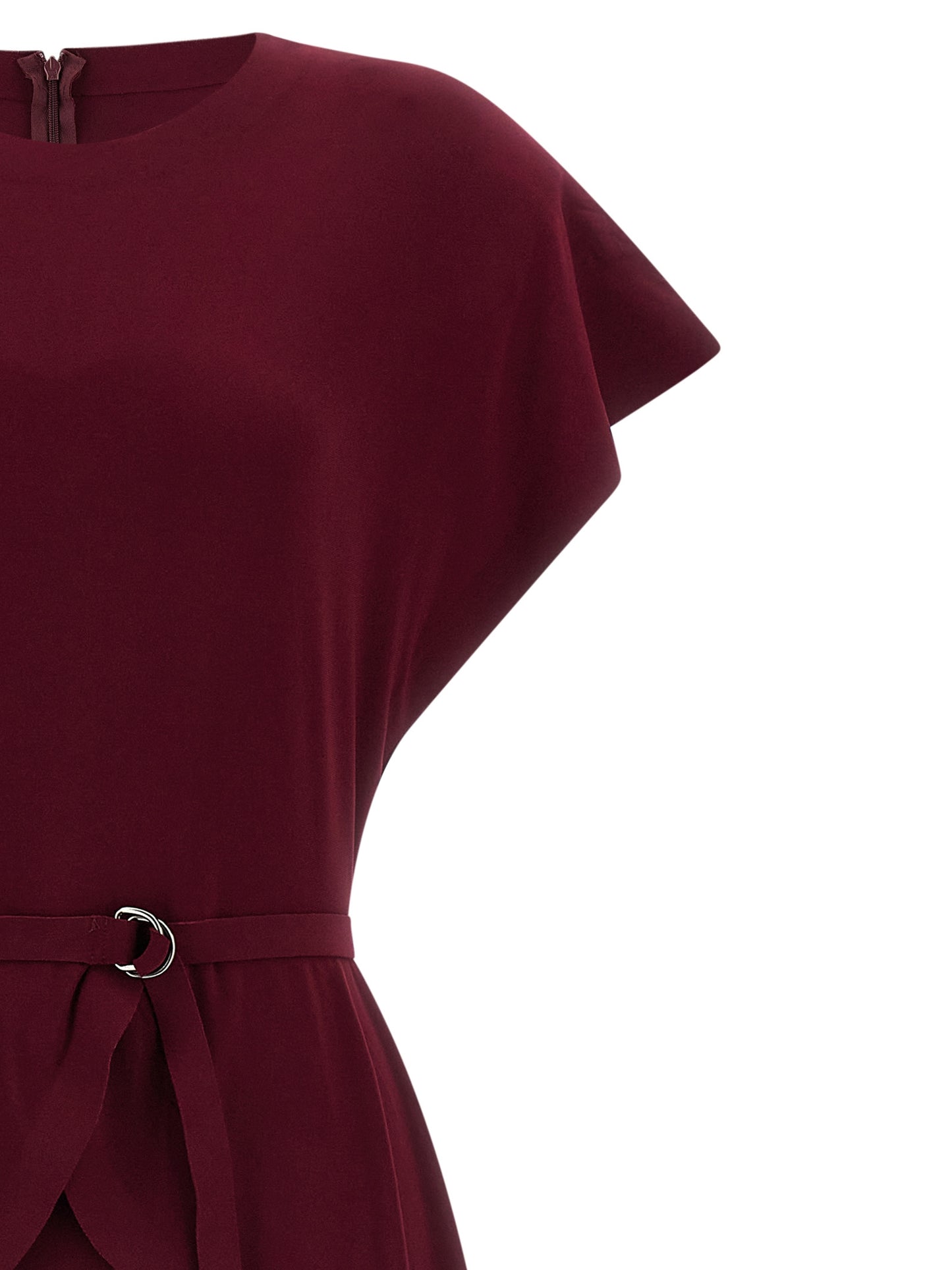 Dress by Norma Kamali for women in stretch polyester bordeaux features a dramatic silhouette, showcasing an elegant crew neckline and that flows into a dramatic midi short.