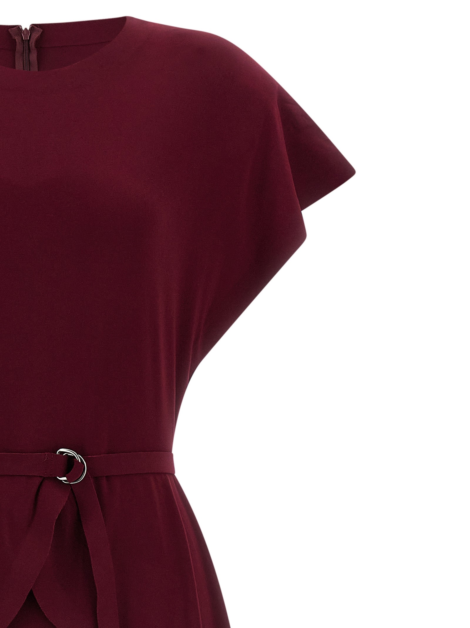 Dress by Norma Kamali for women in stretch polyester bordeaux features a dramatic silhouette, showcasing an elegant crew neckline and that flows into a dramatic midi short.