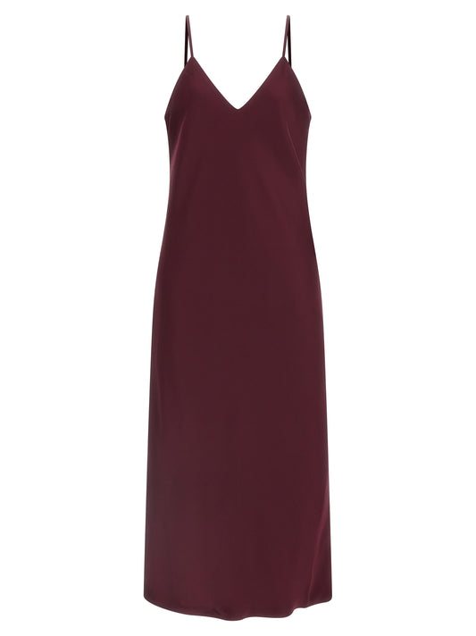 Dress by Norma Kamali for women in polyester satin bordeaux features an cute silhouette, detailed with a sleeveless and v-neck neckline that elegantly flows into a cute midi.