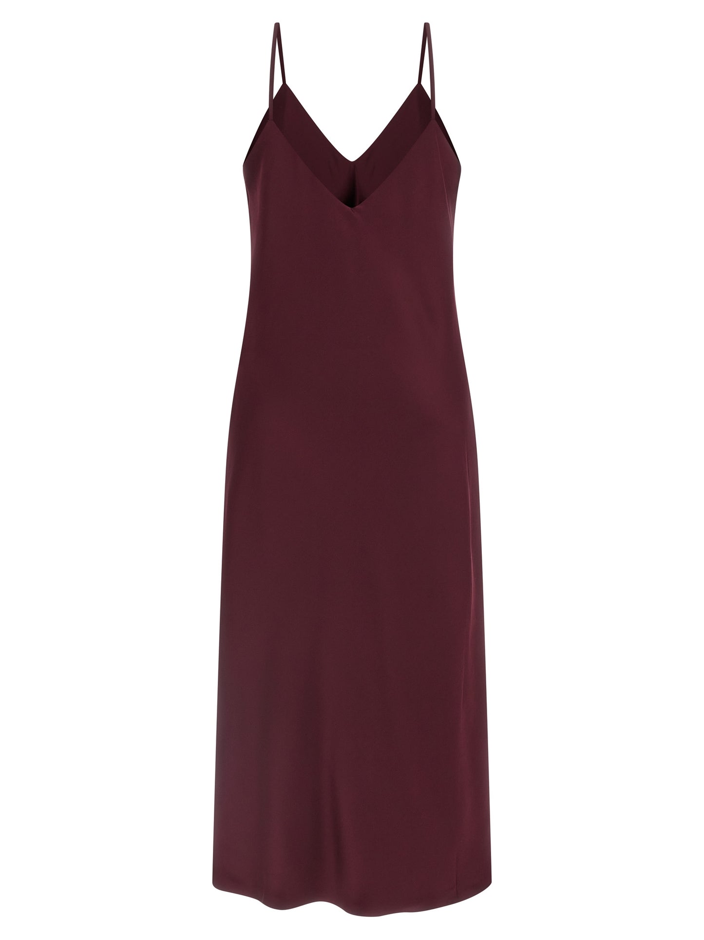 Dress by Norma Kamali for women in polyester satin bordeaux showcases a striking silhouette, elegantly detailed with a , refined v-neck neckline, and a striking midi for a striking finish.