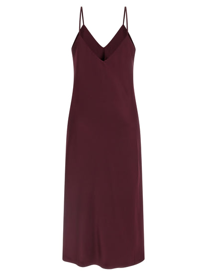 Dress by Norma Kamali for women in polyester satin bordeaux showcases a striking silhouette, elegantly detailed with a , refined v-neck neckline, and a striking midi for a striking finish.