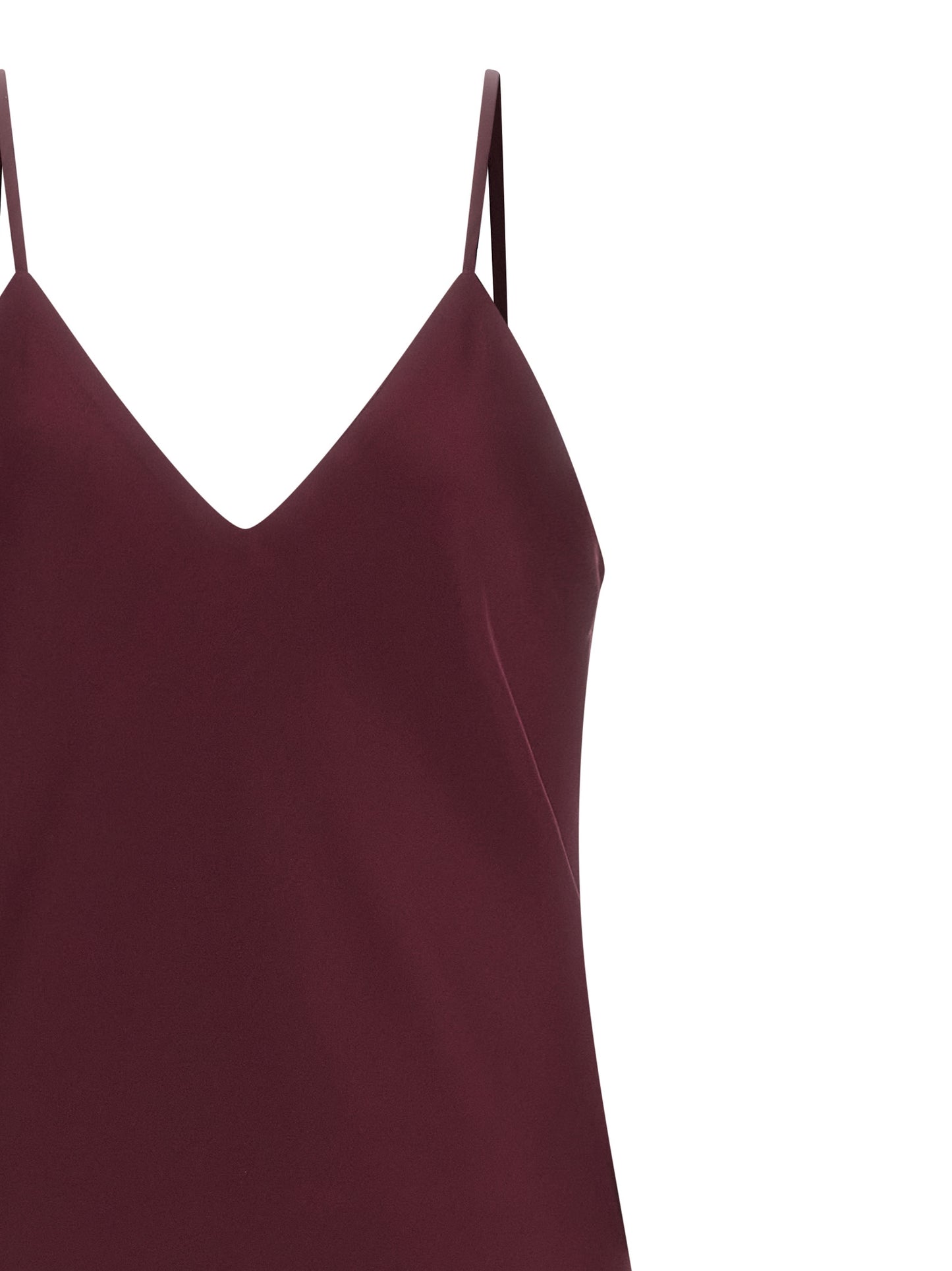 Dress by Norma Kamali for women in polyester satin bordeaux features an sultry silhouette defined by a v-neck neckline and , falling to an sultry midi for a sultry look.