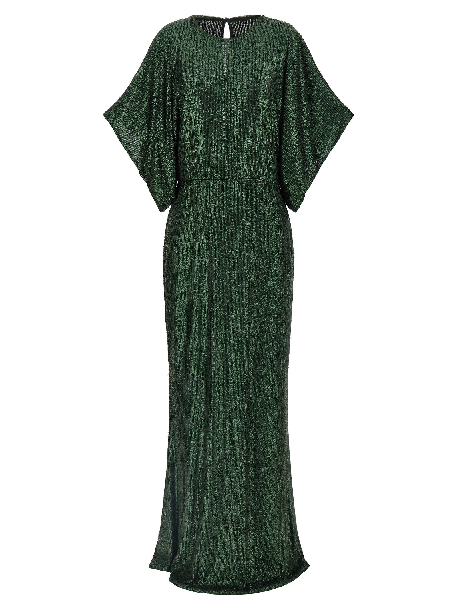 Dress by Norma Kamali for women in polyester & sequins bicolour & green presents a sinuous silhouette, showcasing a sophisticated crew neckline and short-sleeve detailed with a sinuous short long for a refined finish.