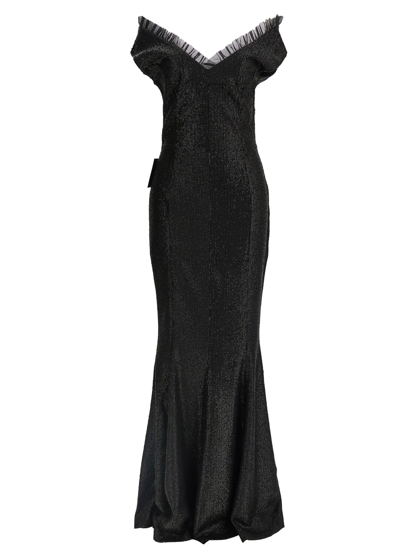 Dress by Norma Kamali for women in polyester & sequins black features an eye catching silhouette with a sophisticated sweetheart neckline, elegant , and a refined long for a eye catching aesthetic.