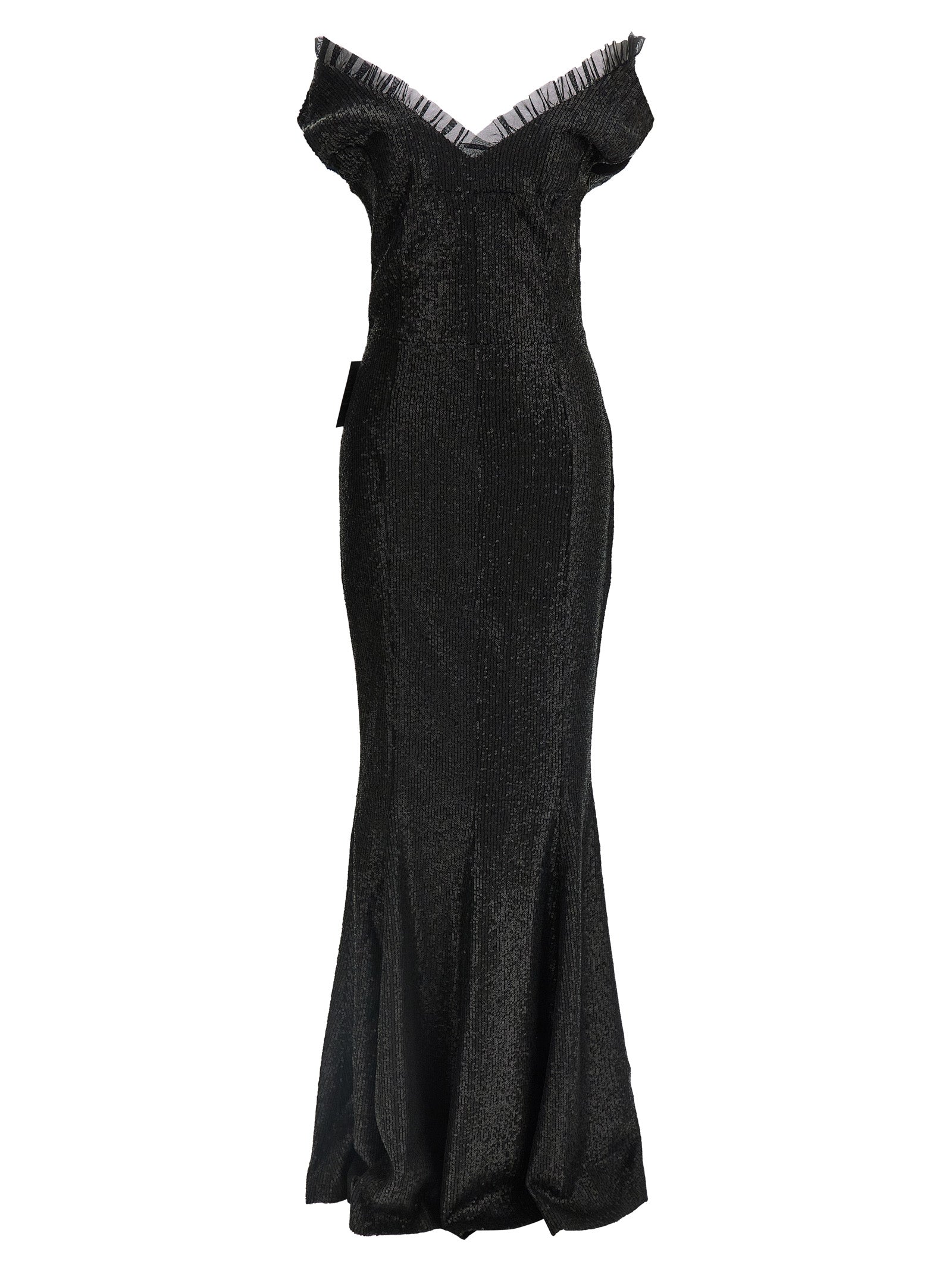 Dress by Norma Kamali for women in polyester & sequins black features an eye catching silhouette with a sophisticated sweetheart neckline, elegant , and a refined long for a eye catching aesthetic.