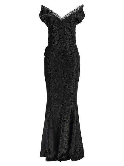 Dress by Norma Kamali for women in polyester & sequins black features an eye catching silhouette with a sophisticated sweetheart neckline, elegant , and a refined long for a eye catching aesthetic.