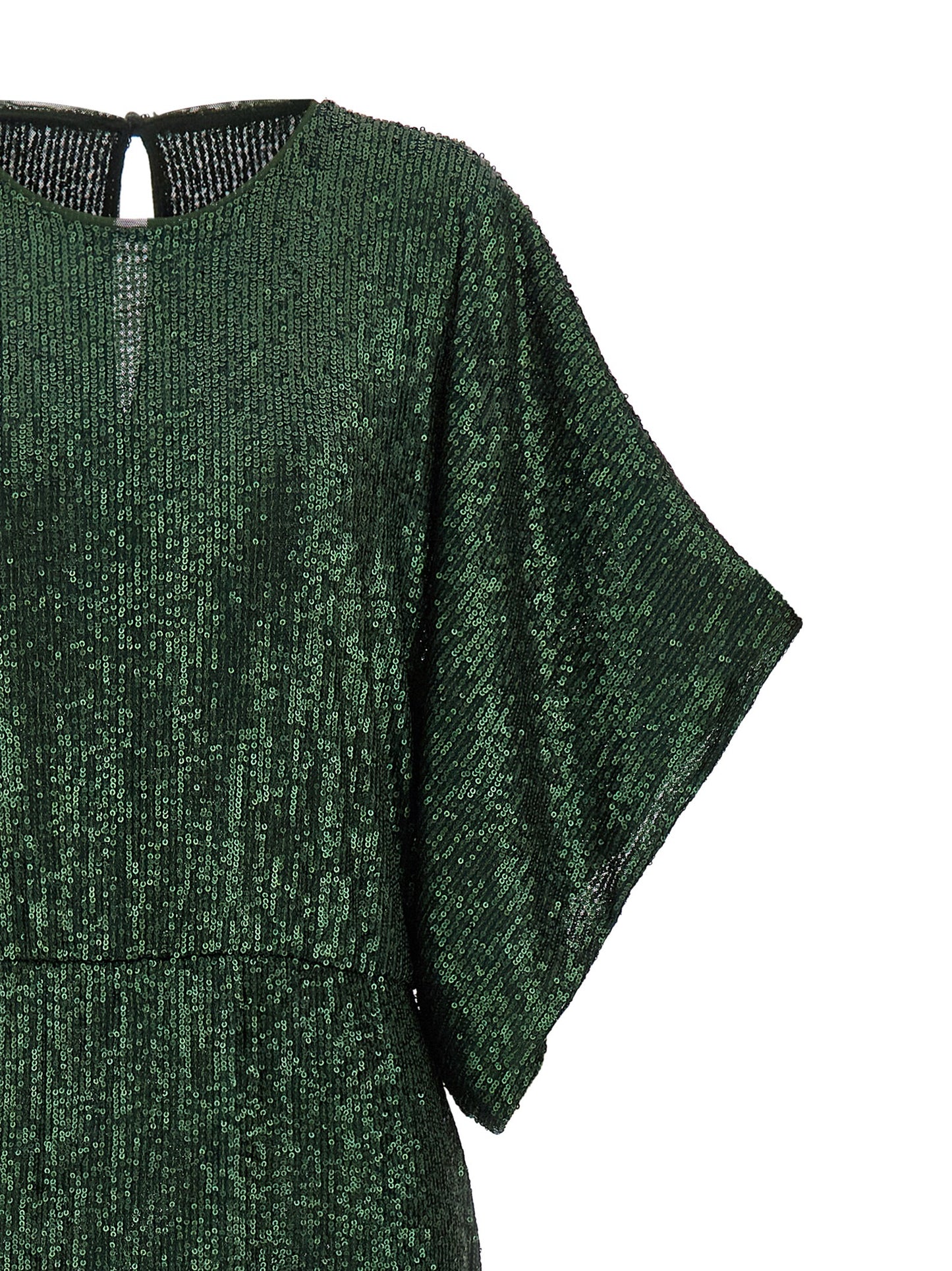 Dress by Norma Kamali for women in polyester & sequins bicolour & green features an cute silhouette, detailed with a and crew neckline that elegantly flows into a cute short long.