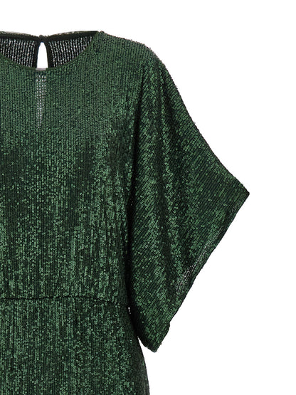 Dress by Norma Kamali for women in polyester & sequins bicolour & green features an cute silhouette, detailed with a and crew neckline that elegantly flows into a cute short long.