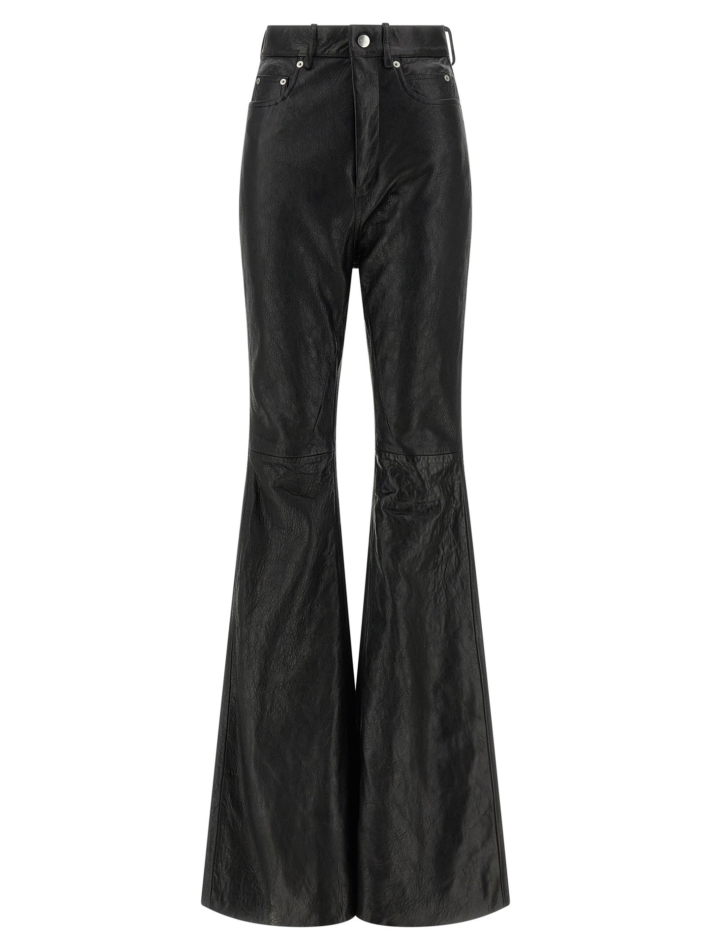 Trousers by Rick Owens for women in lamb leather black presents a perennial silhouette, meticulously tailored with a bootcut & slim cut, long finish, and an elegant high rise.