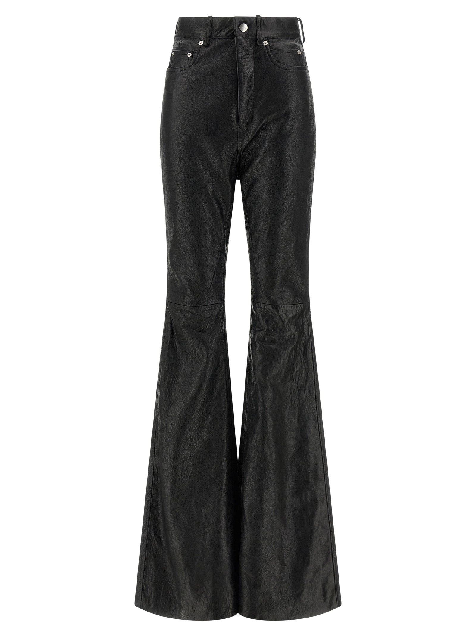 Trousers by Rick Owens for women in lamb leather black presents a perennial silhouette, meticulously tailored with a bootcut & slim cut, long finish, and an elegant high rise.