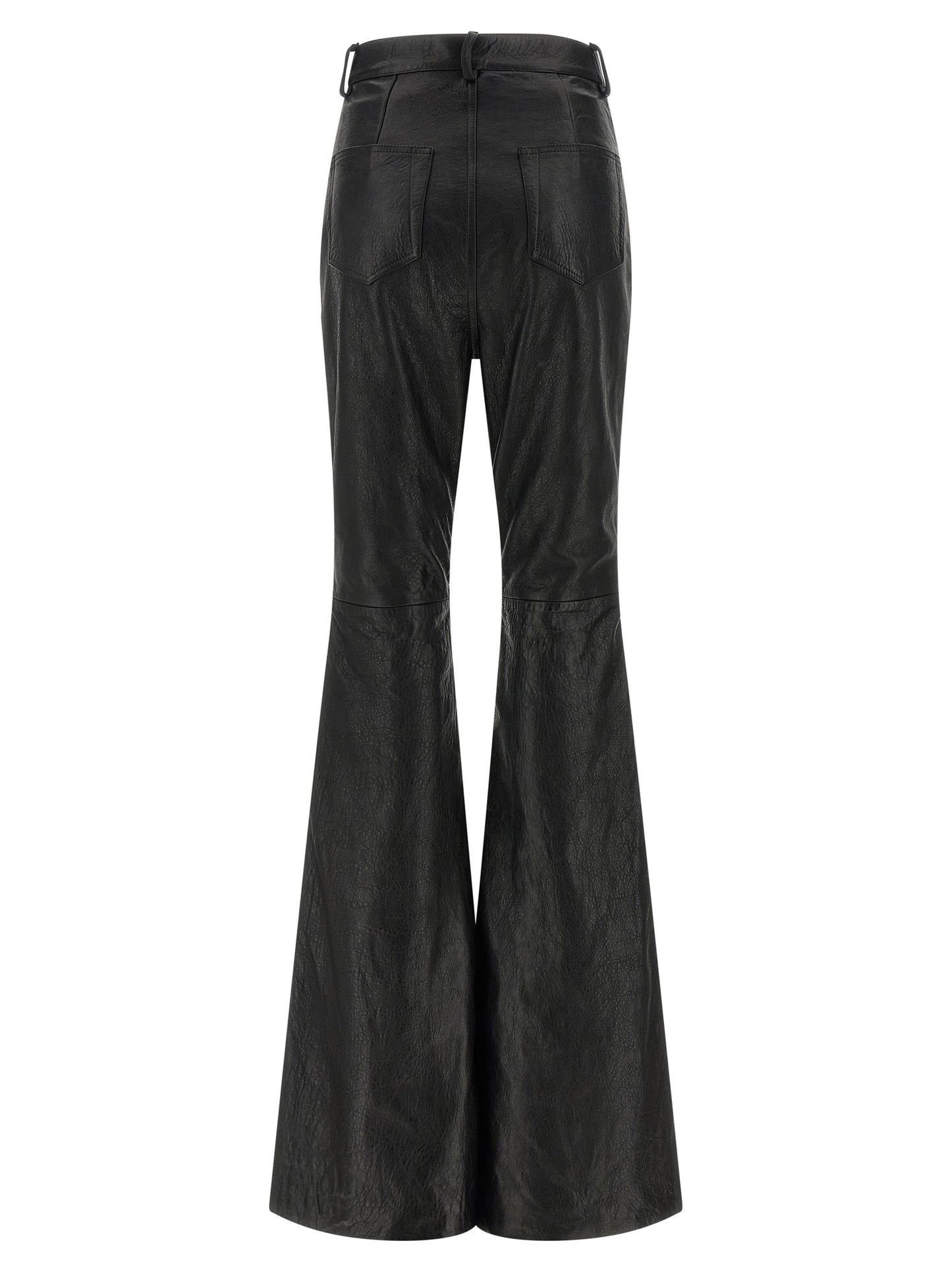Trousers by Rick Owens for women in lamb leather black presents a smart silhouette, meticulously detailed with a smart bootcut & slim, a smart long, and a smart high rise.