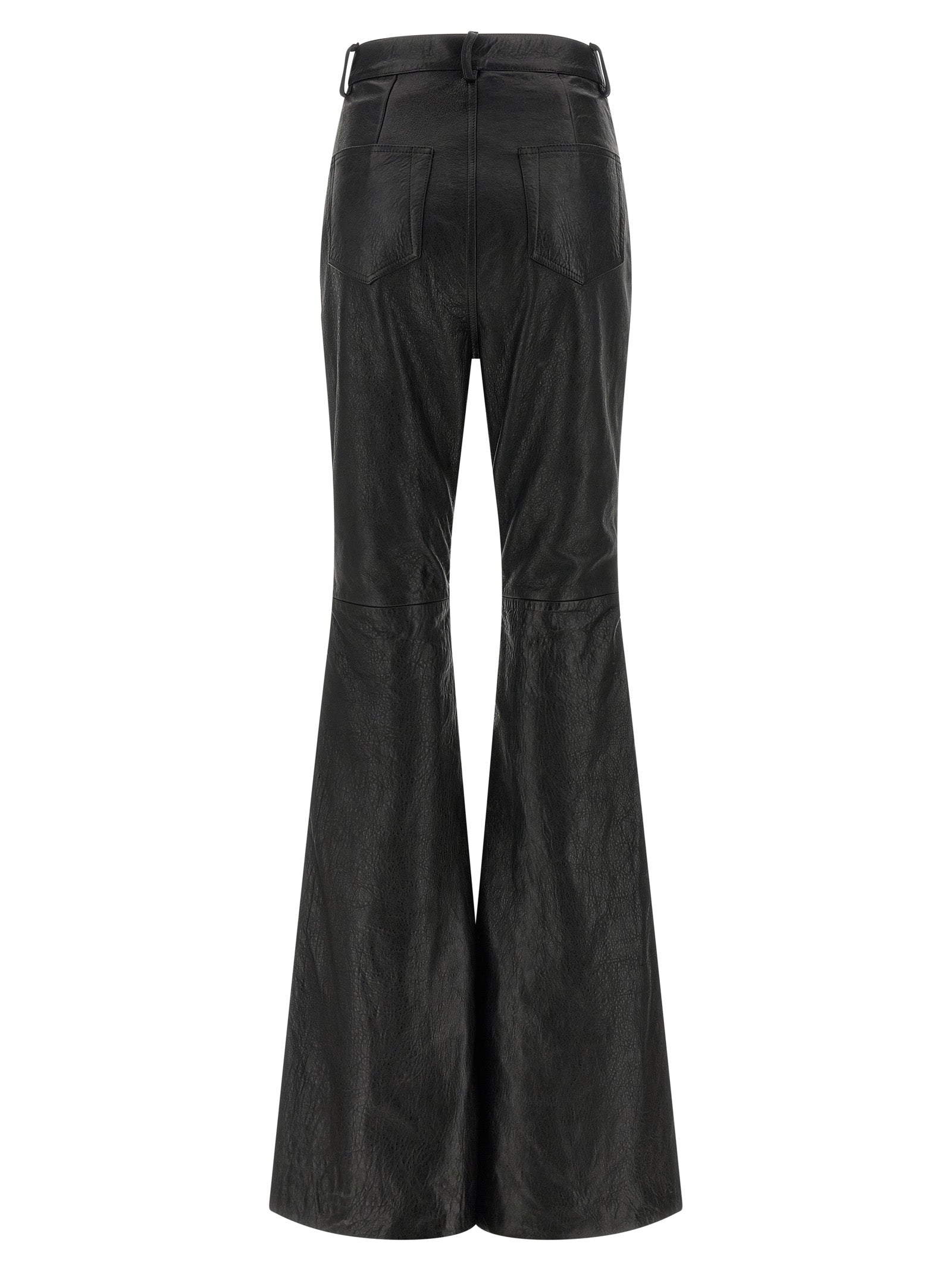 Trousers by Rick Owens for women in lamb leather black presents a smart silhouette, meticulously detailed with a smart bootcut & slim, a smart long, and a smart high rise.