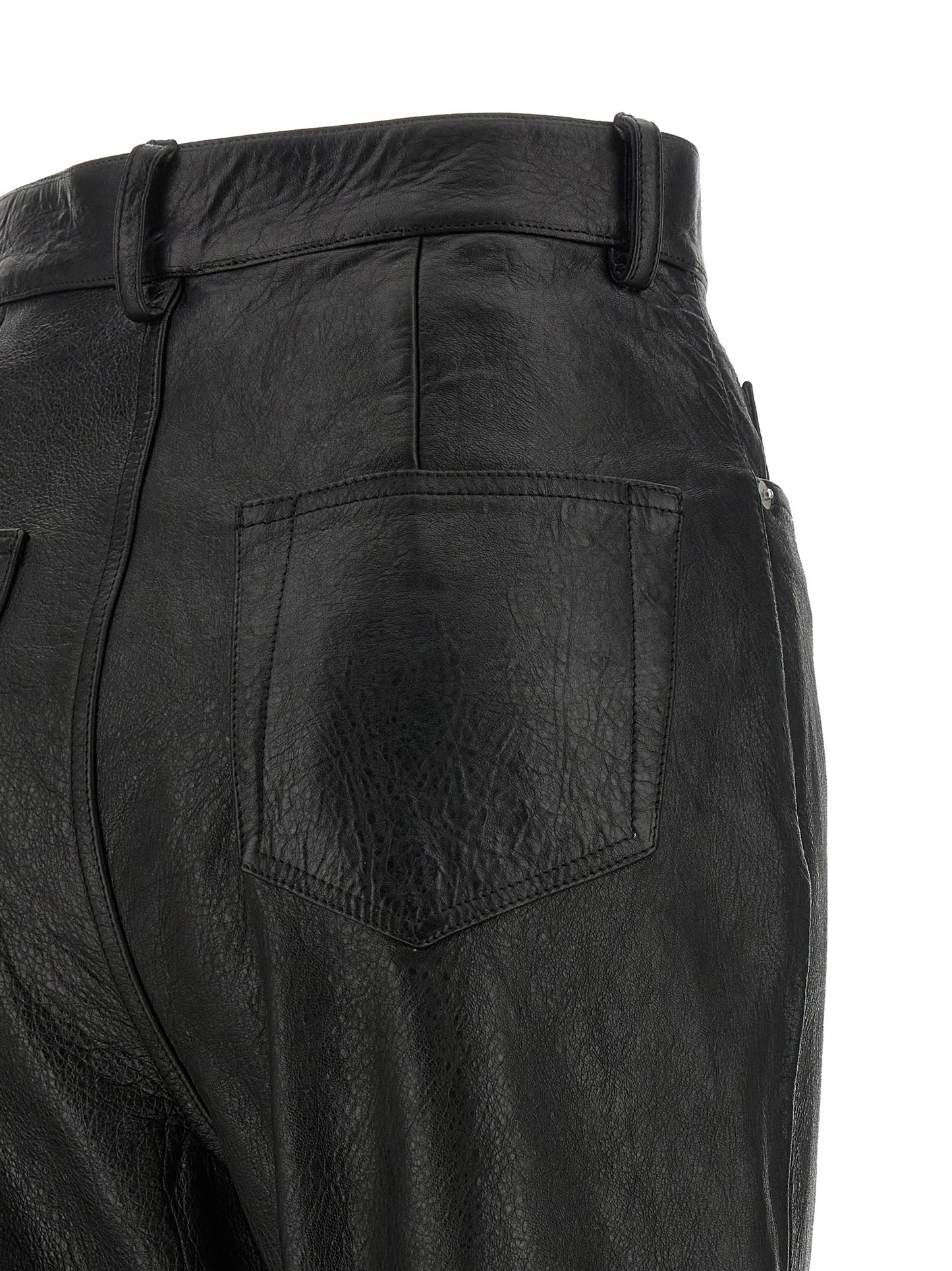 Trousers by Rick Owens for women in lamb leather black features a sculptural silhouette, showcasing a sculptural bootcut & slim and long with a sophisticated high rise for a sculptural finish.