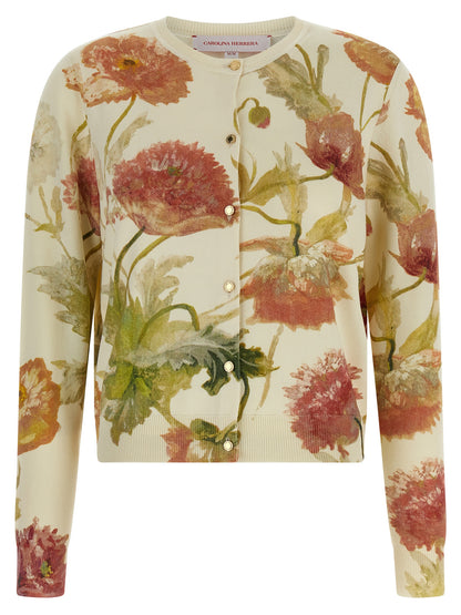 Carolina Herrera Women's Crew Neck Cotton & Silk Cardigan - Gold White Floral Print