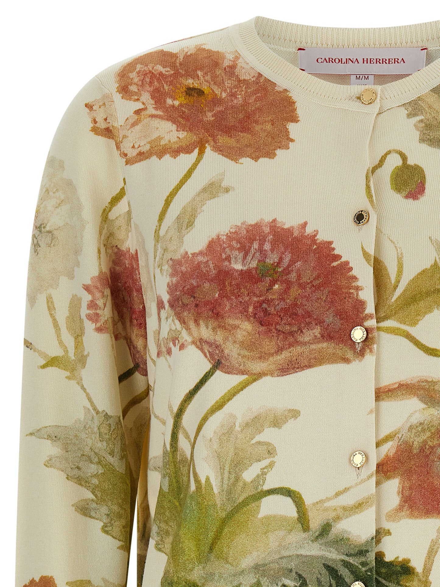 Carolina Herrera Women's Crew Neck Cotton & Silk Cardigan - Gold White Floral Print