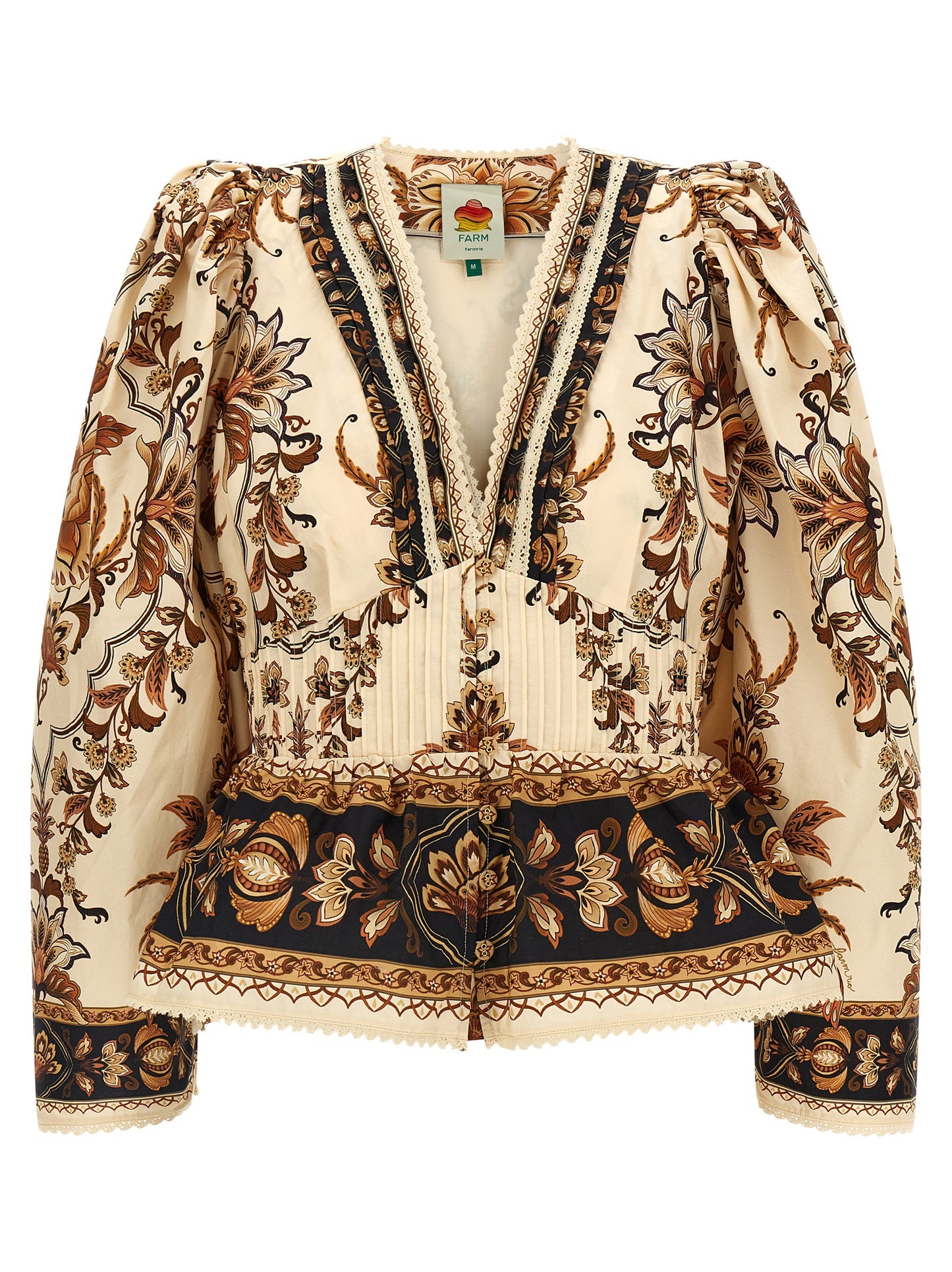 Blouse by FARM RIO for women in cotton beige, sand, floral & print features an polished silhouette, showcasing a sophisticated v-neck neckline and three-quarter-sleeve detail for a truly polished finish.