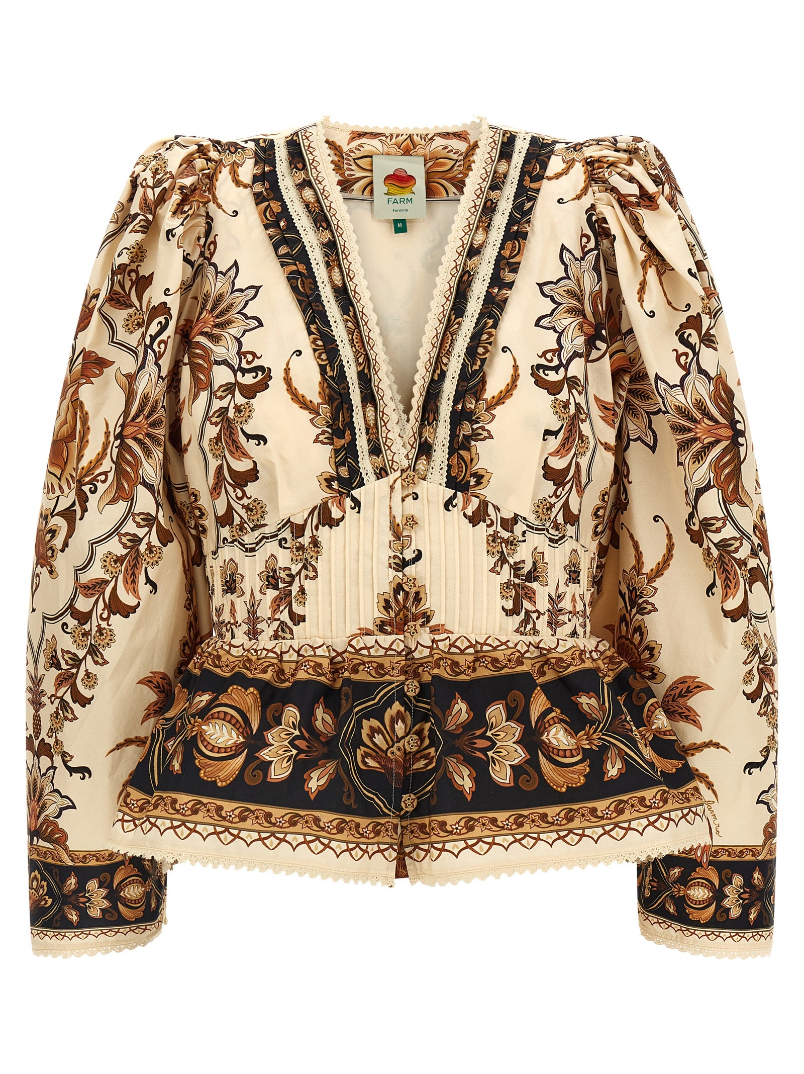 Blouse by FARM RIO for women in cotton beige, sand, floral & print features an polished silhouette, showcasing a sophisticated v-neck neckline and three-quarter-sleeve detail for a truly polished finish.