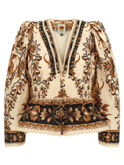 Blouse by FARM RIO for women in cotton beige, sand, floral & print features an polished silhouette, showcasing a sophisticated v-neck neckline and three-quarter-sleeve detail for a truly polished finish.