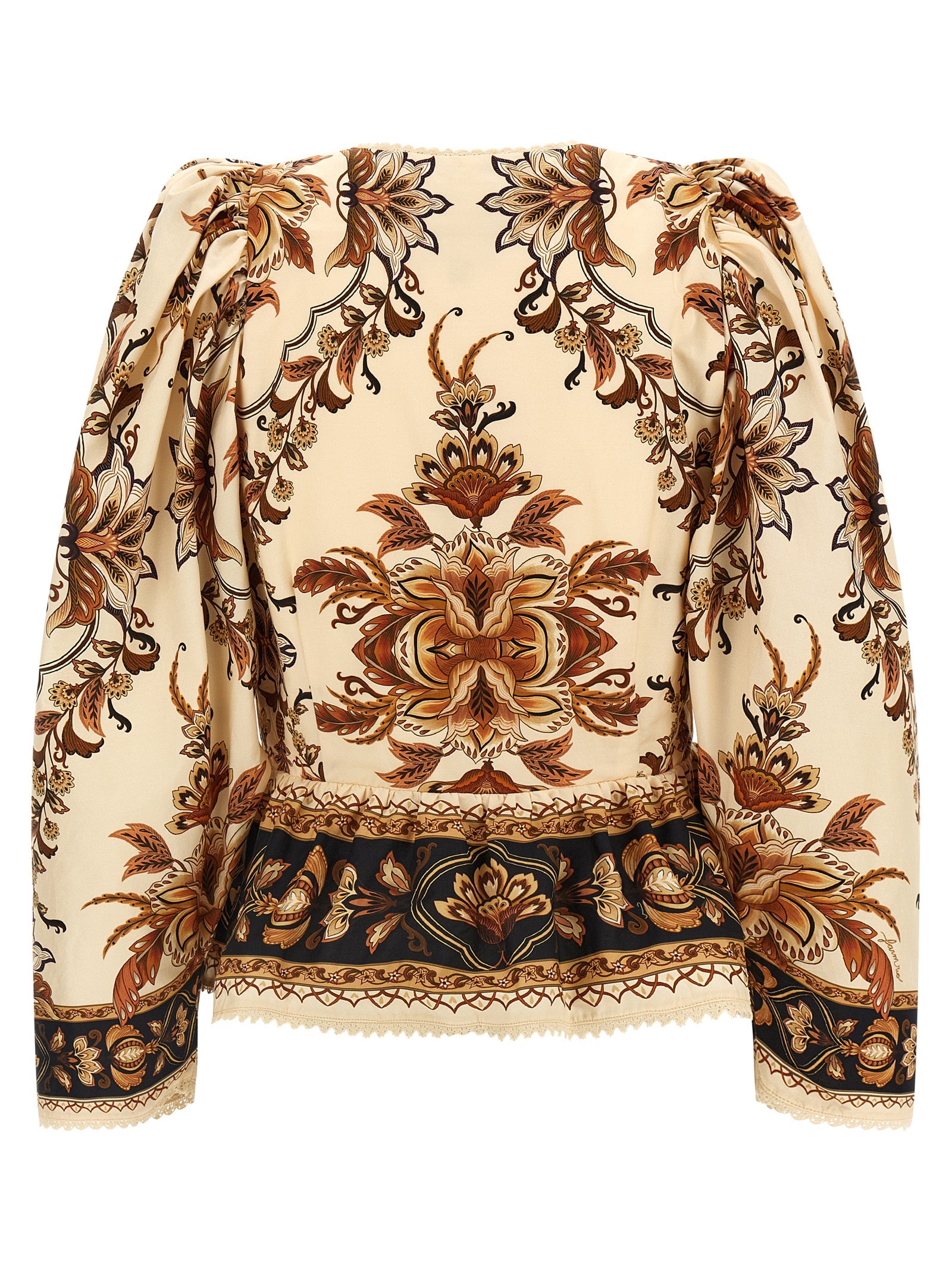 Blouse by FARM RIO for women in cotton beige, sand, floral & print, featuring a nuanced and nuanced v-neck neckline for a sophisticated finish.