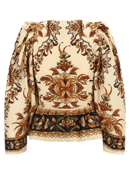 Blouse by FARM RIO for women in cotton beige, sand, floral & print, featuring a nuanced and nuanced v-neck neckline for a sophisticated finish.