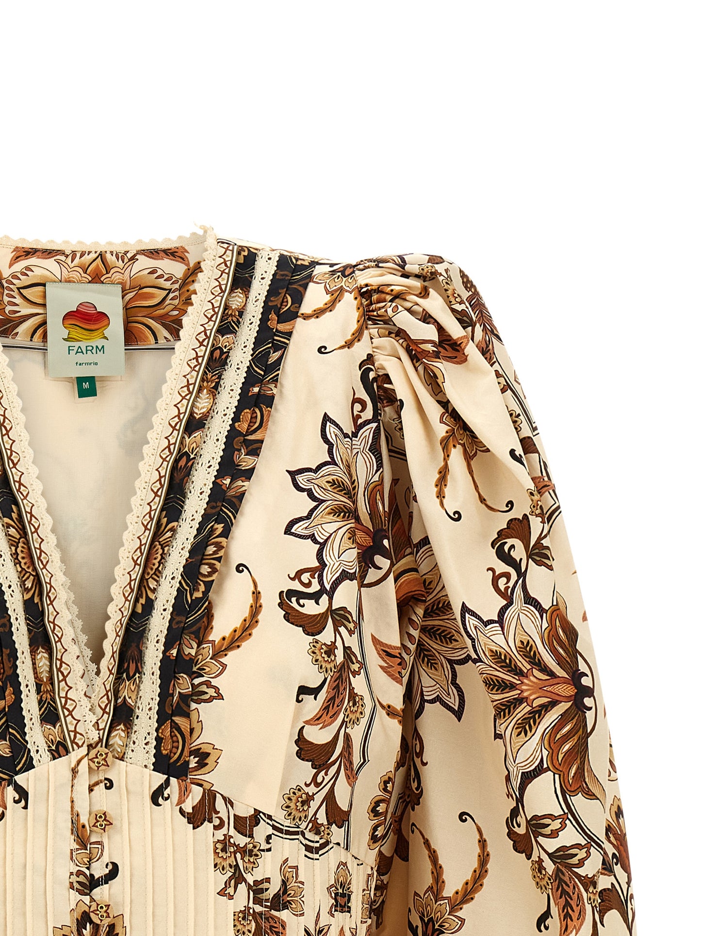 Blouse by FARM RIO for women in cotton beige, sand, floral & print showcases a sublime silhouette, artfully detailed with a sublime v-neck neckline and for a sophisticated, sublime finish.