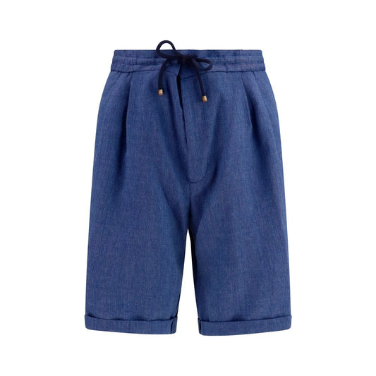 Bermuda Shorts by Brunello Cucinelli for men in linen merino & virgin wool blue, patterned & chevron features a sartorial silhouette, showcasing a sartorial straight-leg, relaxed-fit & regular-fit and short with a sophisticated for a sartorial look.
