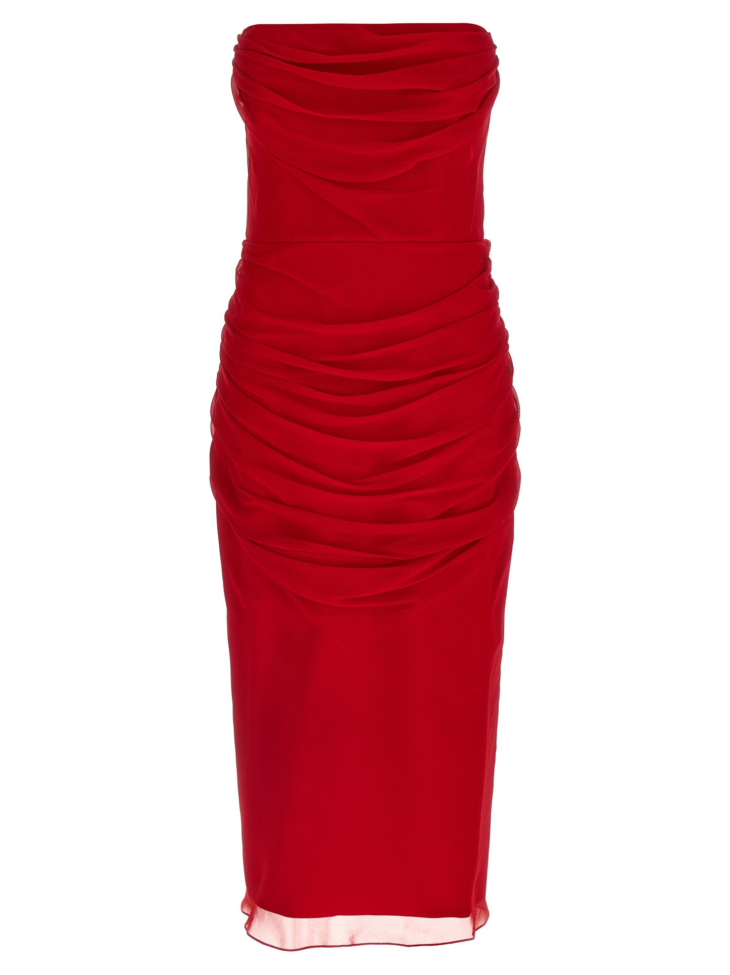 Dress by Carolina Herrera for women in silk chiffon multicolor & red features an magnificent silhouette, artfully detailed with a magnificent split strapless neckline and strapless that flows into an magnificent midi.