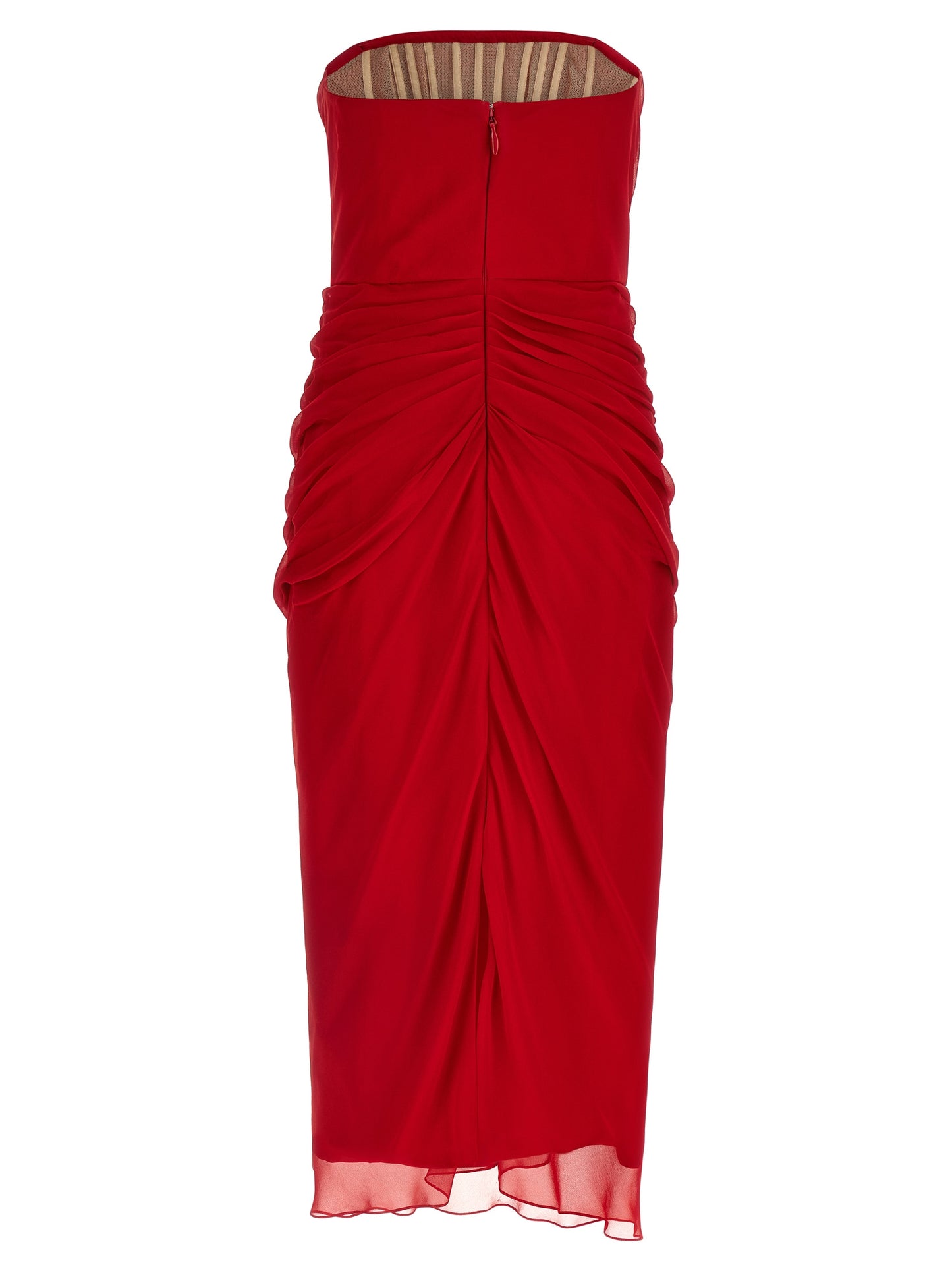 Dress by Carolina Herrera for women in silk chiffon multicolor & red features an sultry silhouette defined by a split strapless neckline and , falling to an sultry midi for a sultry look.
