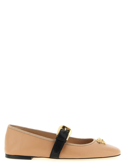 Ballet Flat Shoes by Versace for women in lamb leather multicolor & pink features an statuesque silhouette from the Medusa Women's Lamb Leather Ballet Flat Shoes collection, showcasing a and a statuesque for a statuesque look.