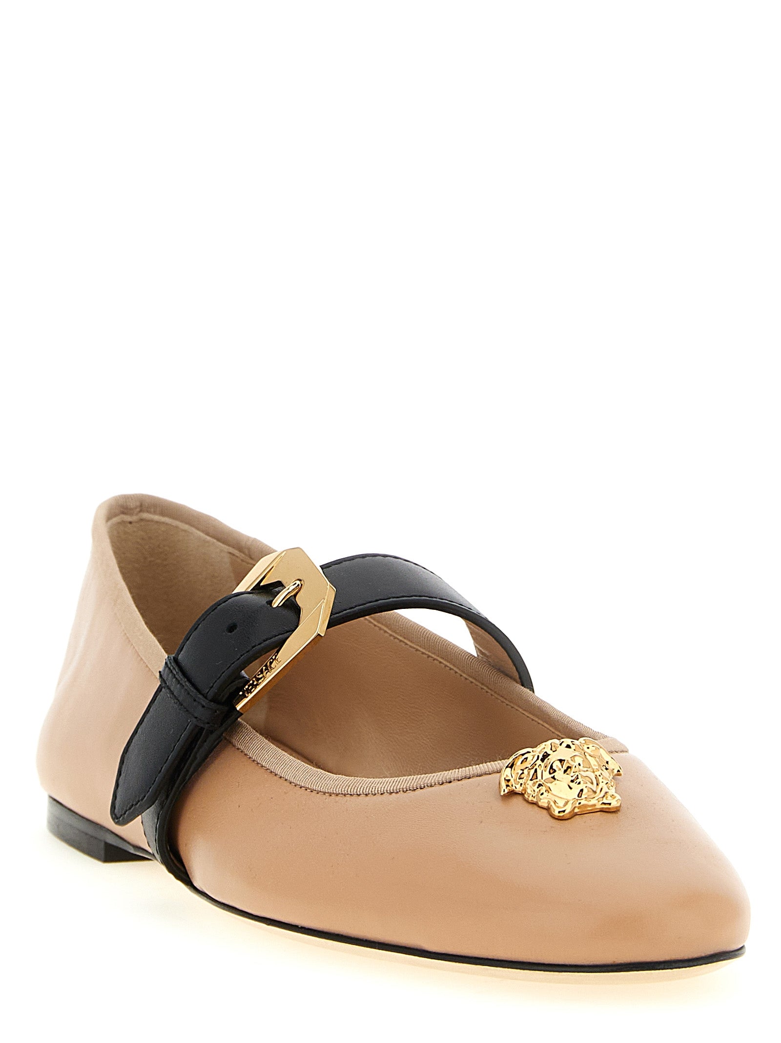 Ballet Flat Shoes by Versace for women in lamb leather multicolor & pink showcases a dynamic silhouette, artfully capturing Medusa Women's Lamb Leather Ballet Flat Shoes through its distinctive and elegant .