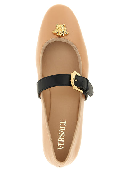 Ballet Flat Shoes by Versace for women in lamb leather multicolor & pink showcases a enchanting silhouette as part of the Medusa Women's Lamb Leather Ballet Flat Shoes collection, defined by a enchanting and for a enchanting look.