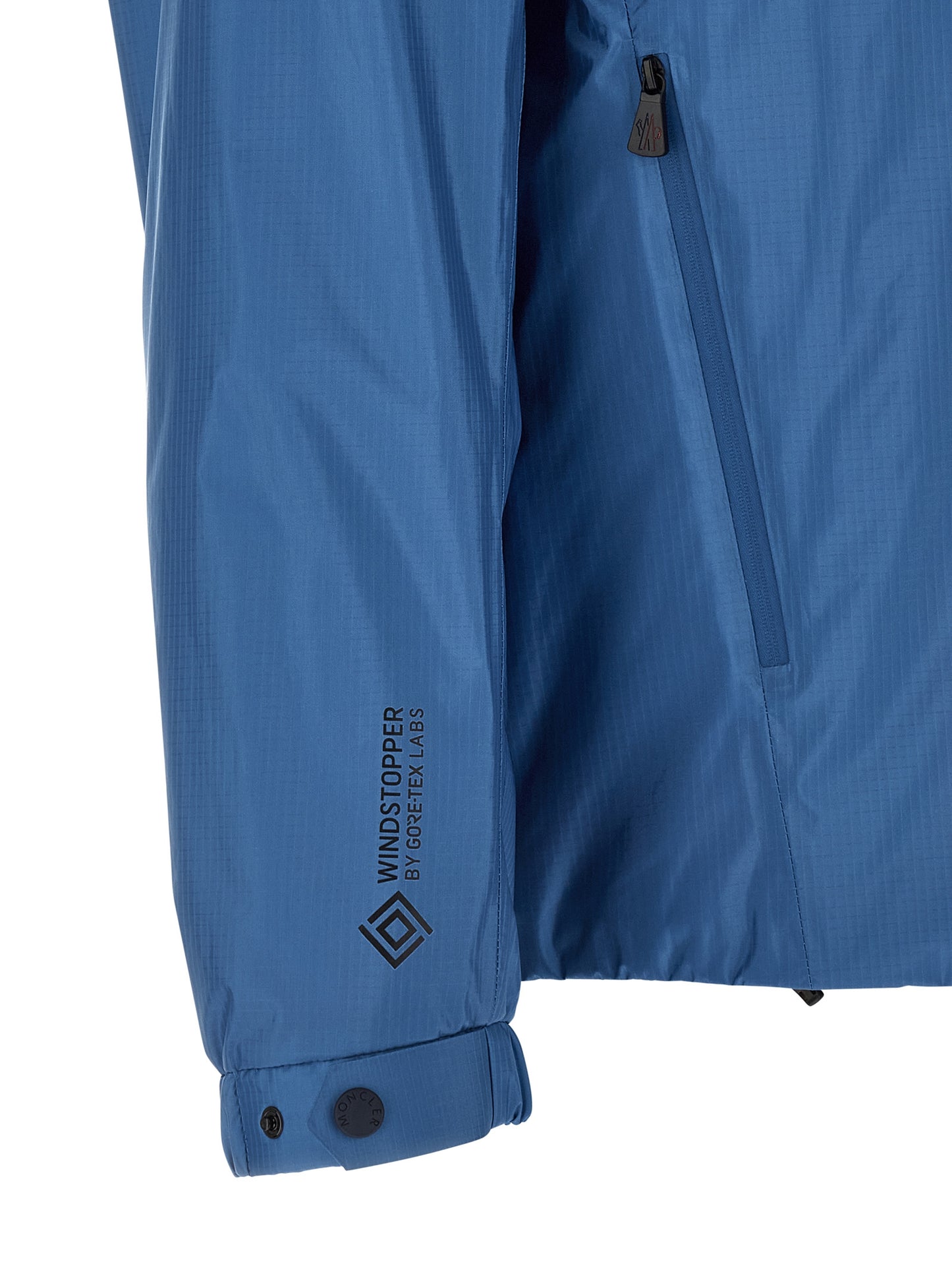 Hooded Windbreaker Jacket by Moncler Grenoble for men in polyamide & polyester blue showcases a urban chic silhouette, detailed with a urban chic hooded neckline and functional hooded, insulated & windproof for a polished finish.