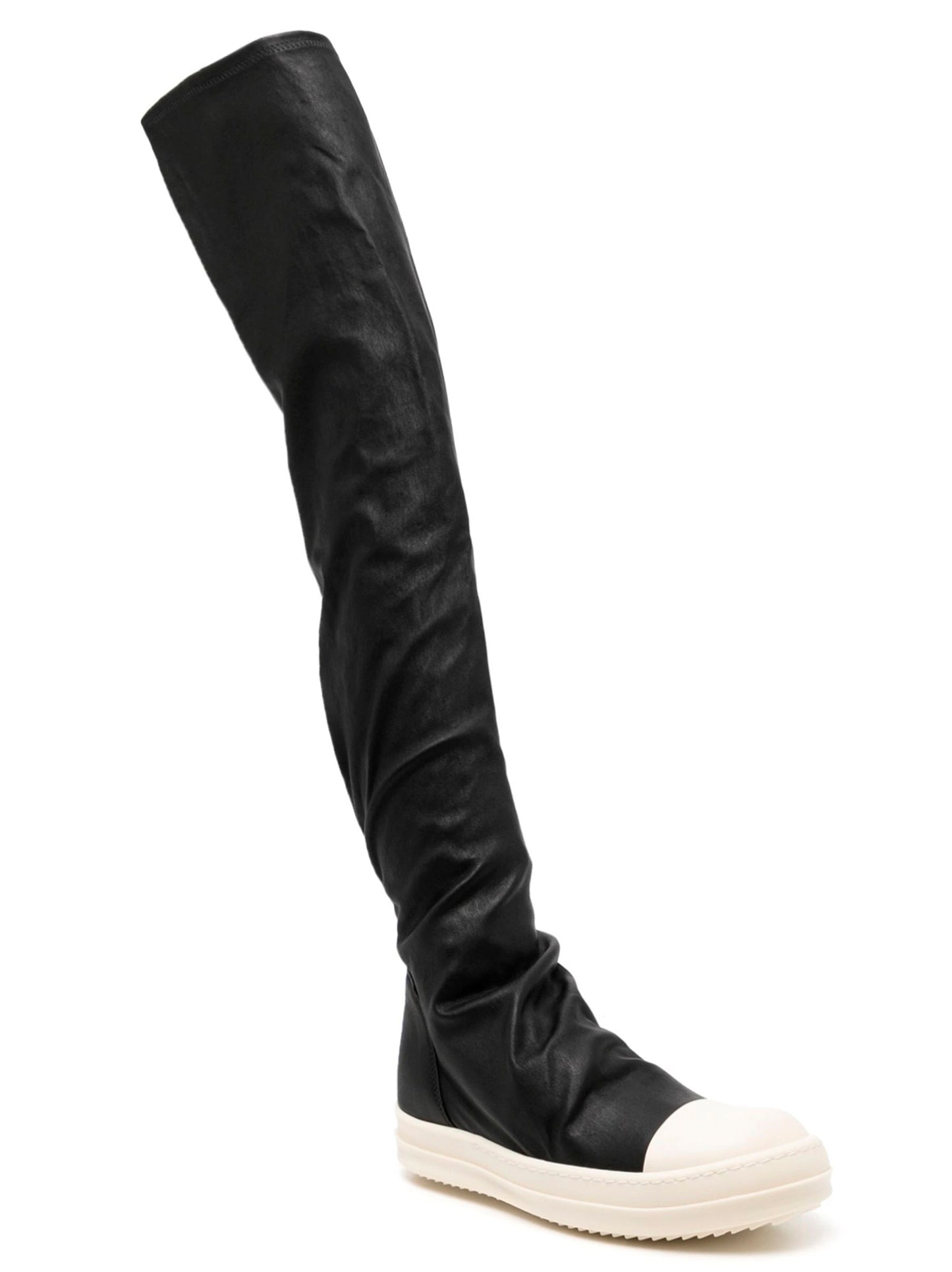Over-The-Knee Boots by Rick Owens for women in cotton & leather bicolour, black & white features an avant-garde Hug Women's Cotton & Leather Over-The-Knee Boots silhouette, defined by a sophisticated and a avant-garde .