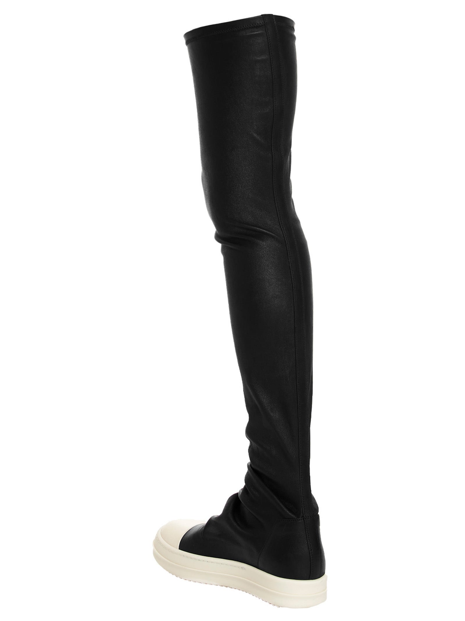 Over-The-Knee Boots by Rick Owens for women in cotton & leather bicolour, black & white showcases a impeccable silhouette as Hug Women's Cotton & Leather Over-The-Knee Boots, artfully defined by a impeccable and a impeccable .